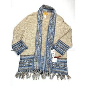 NWT RUBY RD Women’s 2X Beige Blue Aztec Blue Cardigan Sweater Open Front Tassels